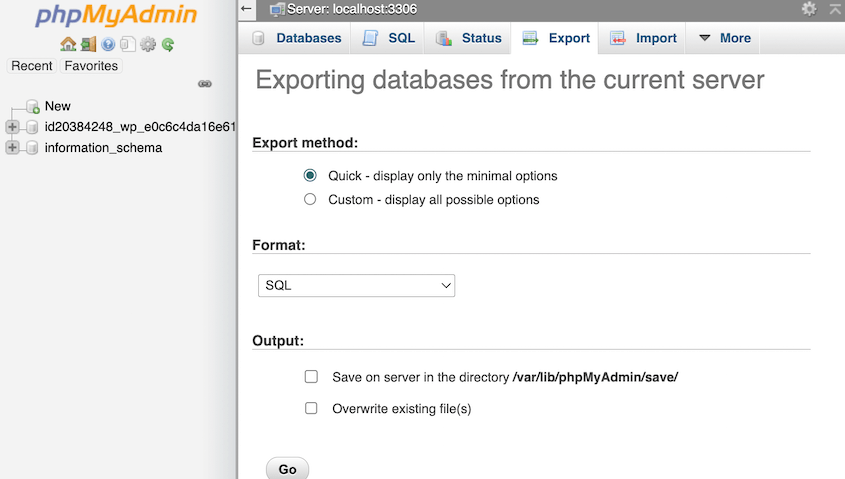 Export WordPress database